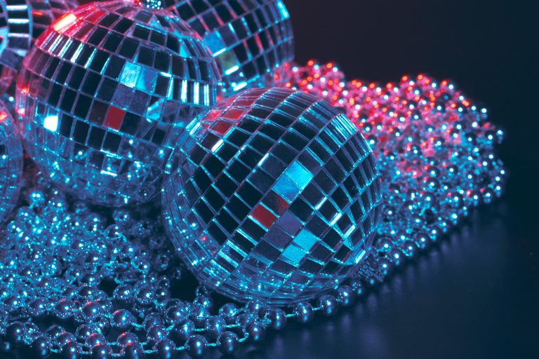 Mirror balls Illuminating in the dark close up